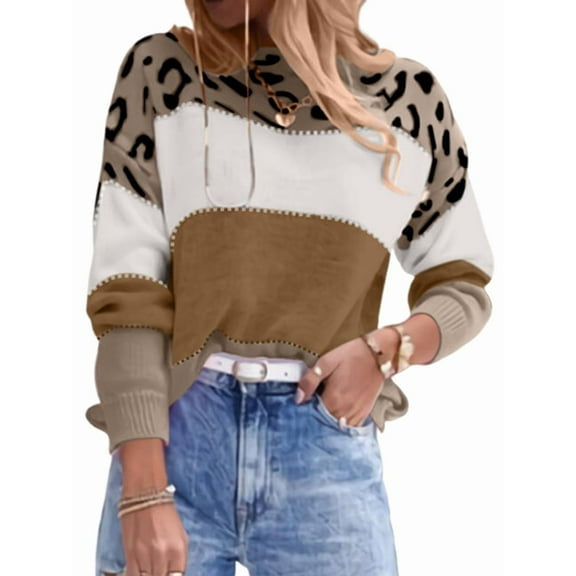 Women'S Leopard Printed Striped Sweater Crewneck Knitted Long Sleeve Color Block Pullover Dark Brown L