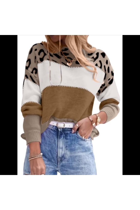 Women'S Leopard Printed Striped Sweater Crewneck Knitted Long Sleeve Color Block Pullover Dark Brown M
