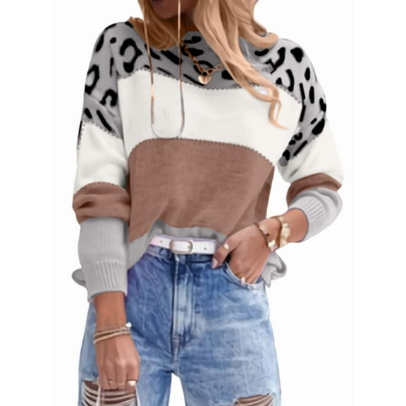Women'S Leopard Printed Striped Sweater Crewneck Knitted Long Sleeve Color Block Pullover Pink XXXL