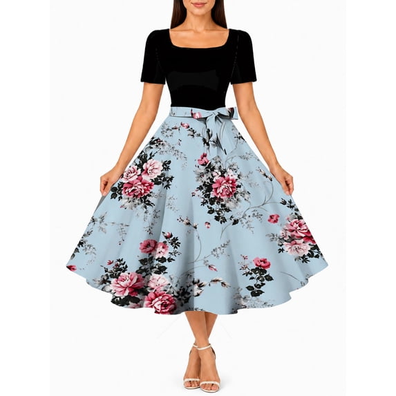 Women'S Light Blue Roses Dress Square Neck Tie Waist Fit And Flare Midi