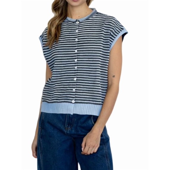 Women'S Light-Weight Cap Sleeve Cardigan Summer Casual Striped Knit Open Front Button Down Sweater Light Blue M