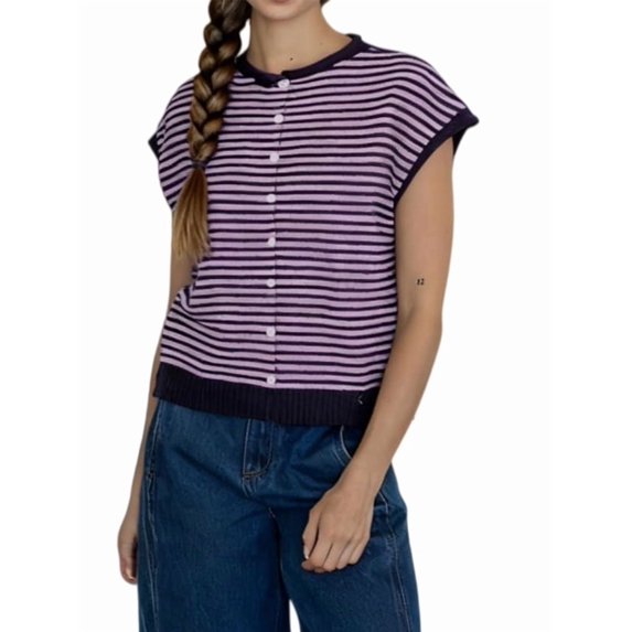 Women'S Light-Weight Cap Sleeve Cardigan Summer Casual Striped Knit Open Front Button Down Sweater Pink M
