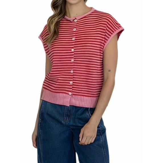 Women'S Light-Weight Cap Sleeve Cardigan Summer Casual Striped Knit Open Front Button Down Sweater Red S