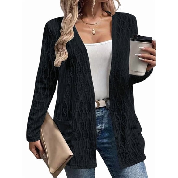 Women'S Light-Weight Cardigan Open Front Casual Long Sleeve Knit Sweater with Pockets White S