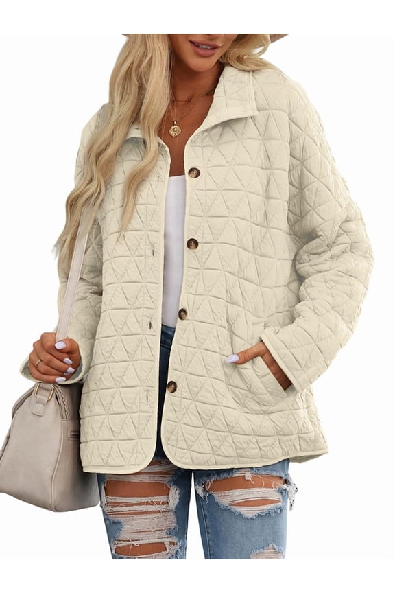Women'S Light Weight Quilted Casual Winter Open Front Button Down Puffer Coat Outwear Cardigan Cream White L