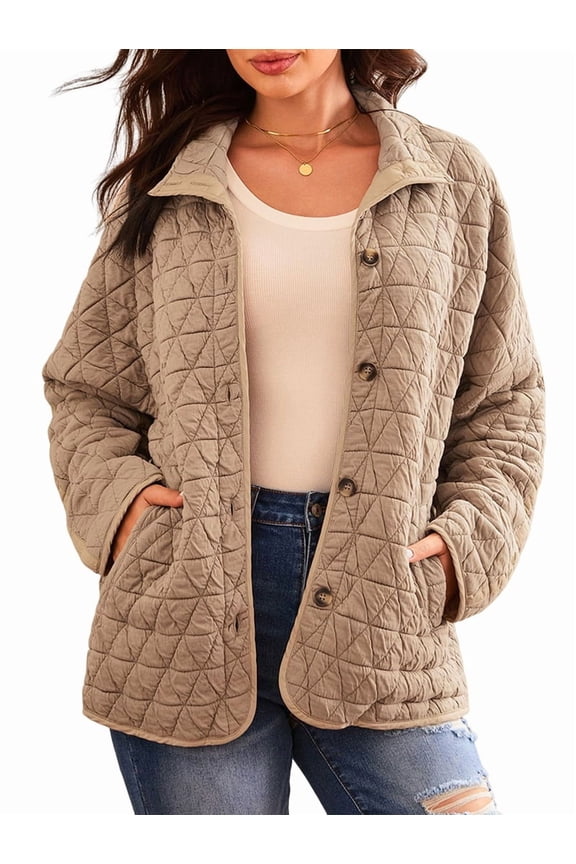 Women'S Light Weight Quilted Jacket Casual Winter Open Front Button Down Puffer Coat Outwear Cardigan Khaki XL