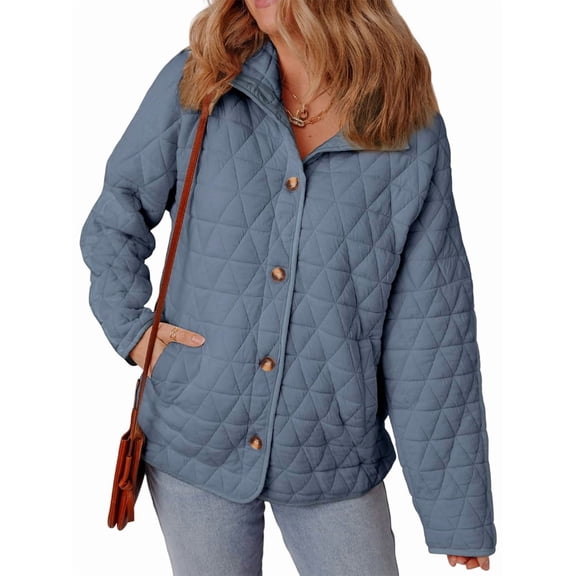 Women'S Light Weight Quilted Jacket Casual Winter Open Front Button Down Puffer Coat Outwear Cardigan Navy Blue M