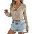 thumbnail image 1 of Women'S Light-Weight Shrugs Crochet Sweaters Tie Front 3/4 Sleeve Cropped Cardigan for Spring Summer Khaki S, 1 of 9