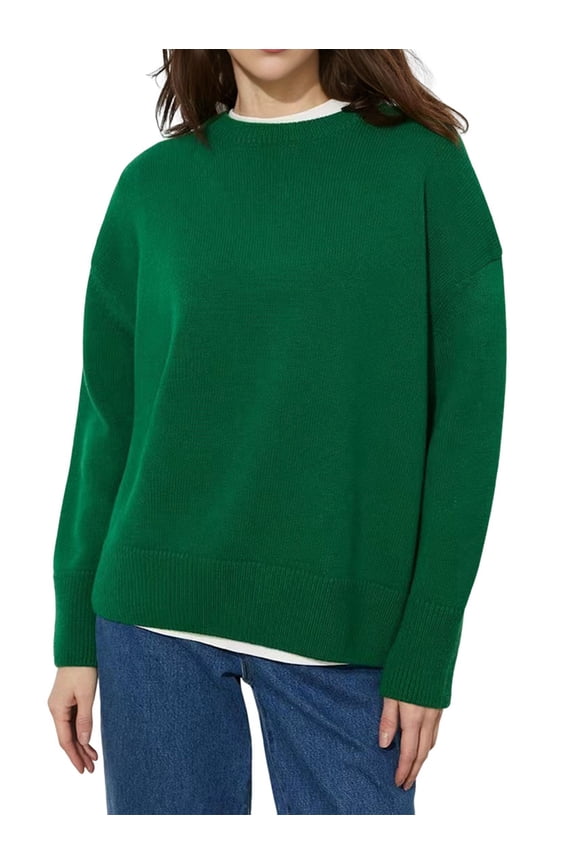 Women'S Light-Weight Soft Petite Crewneck Solid Plain Sweaters Fall Winter Pullover Jumper Tops Dark Green L