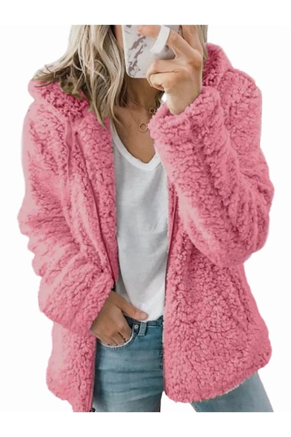 Women'S Light-Weight Warm Jacket Plus Size Zip Up Hoodie Fleece Winter Coat Soft Fuzzy Cardigan with Pockets Pink L