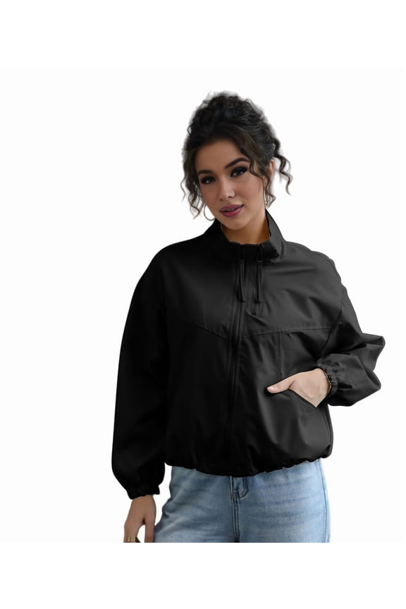 Women'S Light-Weight Waterproof Windbreaker Jacket - Running Hiking Jacket, Zip Up Hoodless Activewear Black L