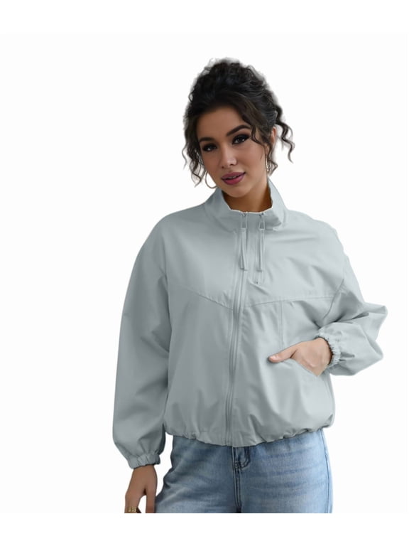 Women'S Light-Weight Waterproof Windbreaker Jacket - Running Hiking Jacket, Zip Up Hoodless Activewear Light Blue L