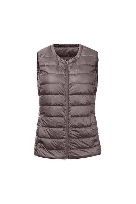 Women'S Lightweight Down Vest Crewneck Full Zip Up Packable Puffer Vest Slim Fit Sleeveless Waistcoat With Pocket