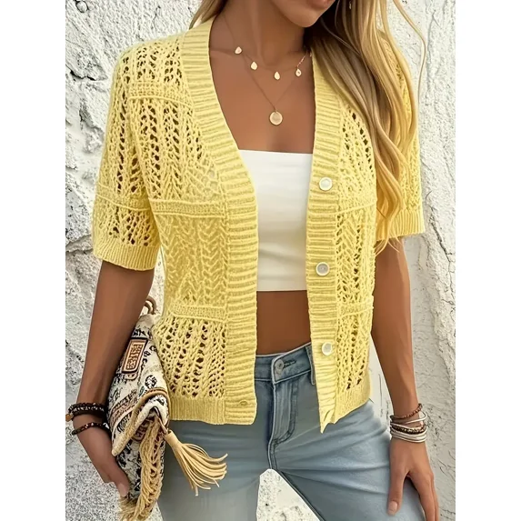 Women'S Lightweight Knit Cardigan - Elegant V-Neck, Short Sleeve, Solid Color, Medium Stretch, Regular Fit for Spring/Summer/Fall