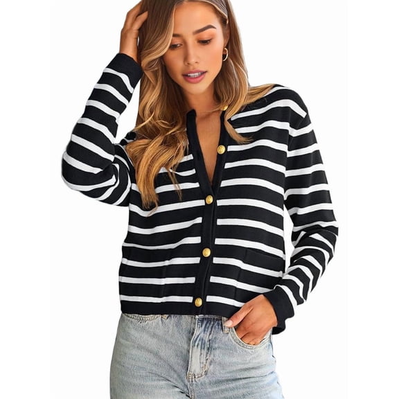 Women'S Lightweights Button Down Long Sleeve Casual Crew Neck Soft Knit Cardigan Sweater Tops Black & White L