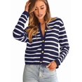 thumbnail image 1 of Women'S Lightweights Button Down Long Sleeve Casual Crew Neck Soft Knit Cardigan Sweater Tops Navy Blue & White M, 1 of 9