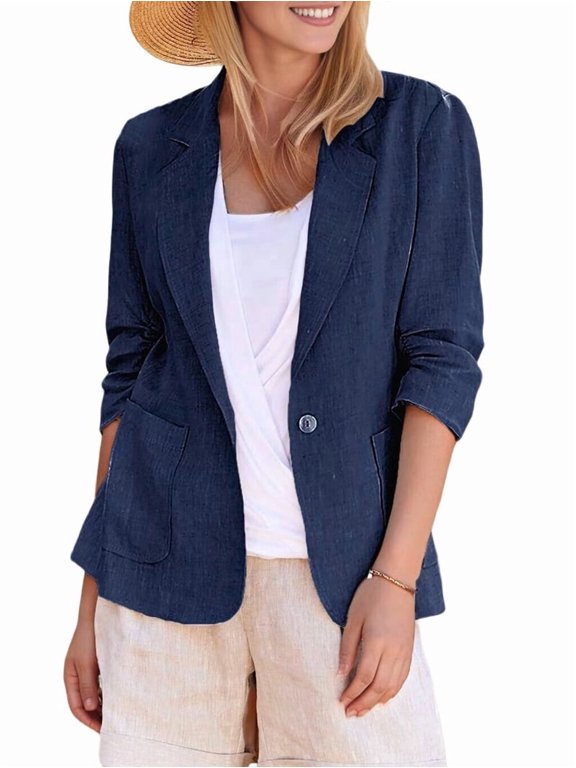 Women'S Lightweights Lapel Three-Quarter Sleeve Elastic Pleated Fully Lined Casual Work Jacket with Pockets Dark Blue L