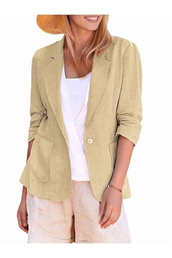 Women'S Lightweights Lapel Three-Quarter Sleeve Elastic Pleated Fully Lined Casual Work Jacket with Pockets Khaki XXL