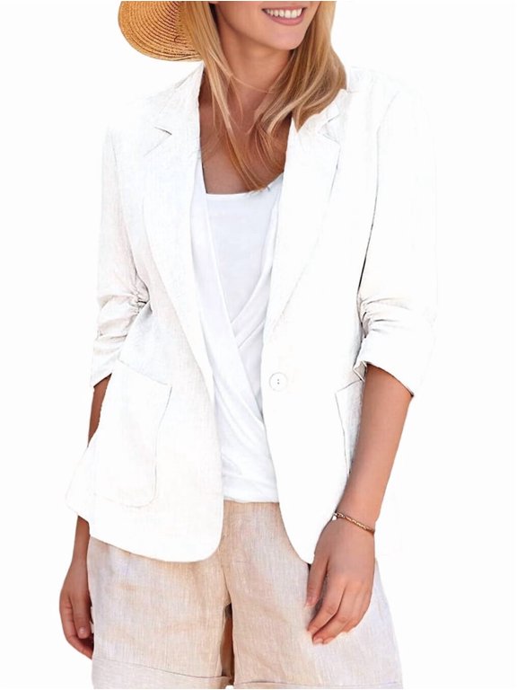 Women'S Lightweights Lapel Three-Quarter Sleeve Elastic Pleated Fully Lined Casual Work Jacket with Pockets White M
