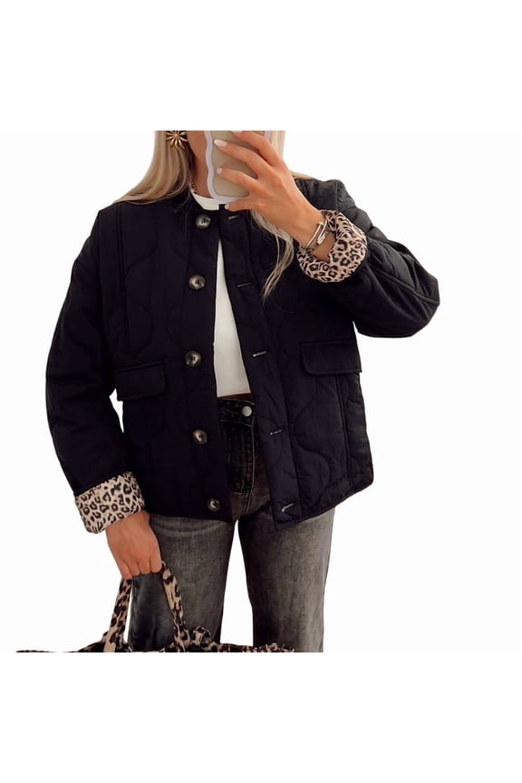 Women'S Lightweights Quilted Jacket Casual Button Down Puffer Outerwear Leopard Lined Coats with Pockets Black S