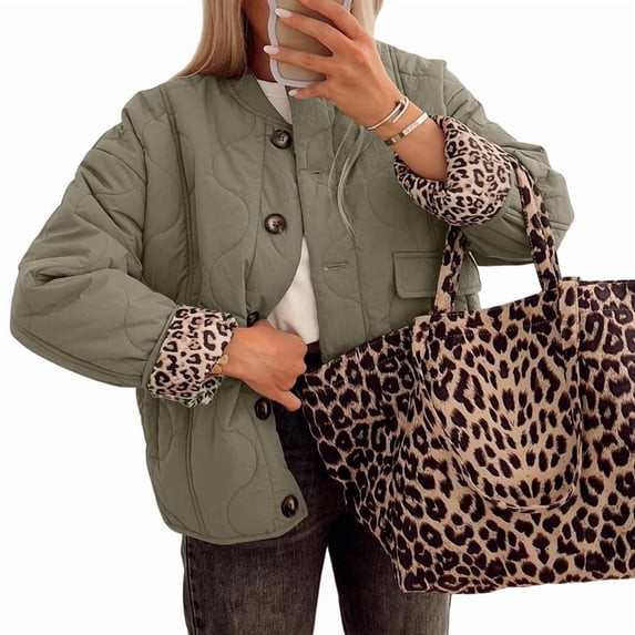 Women'S Lightweights Quilted Jacket Casual Button Down Puffer Outerwear Leopard Lined Coats with Pockets Gray-Green L