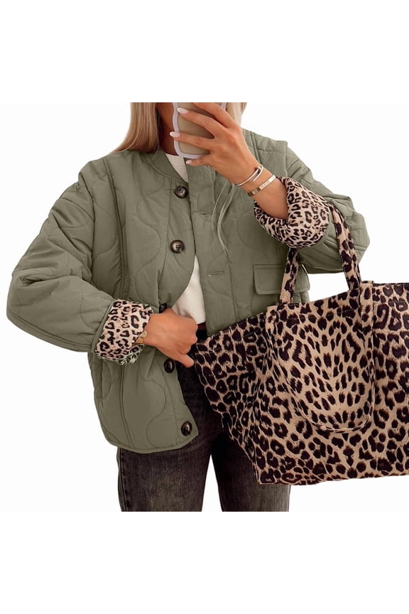 Women'S Lightweights Quilted Jacket Casual Button Down Puffer Outerwear Leopard Lined Coats with Pockets Gray-Green S