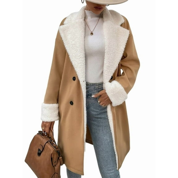 Women'S Lined Lapel Long Sleeves Winter Coats Warm Double Breasted Long Fleece Jacket Plush Overcoat Khaki M