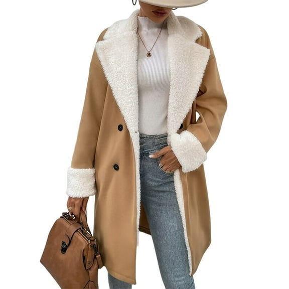 Women'S Lined Lapel Long Sleeves Winter Coats Warm Double Breasted Long Fleece Jacket Plush Overcoat Khaki S