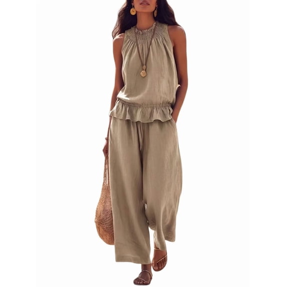 Women'S Linen 2 Piece Outfits Sleeveless Ruffle Top Wide Leg Pants Summer Loungewear Beach Sets Khaki M
