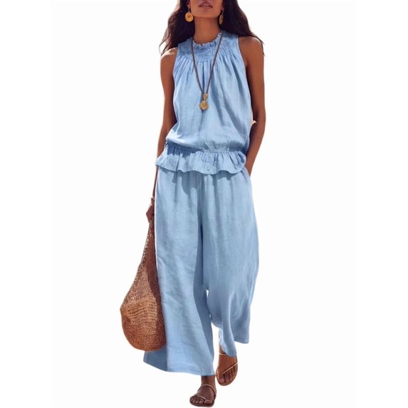 Women'S Linen 2 Piece Outfits Sleeveless Ruffle Top Wide Leg Pants Summer Loungewear Beach Sets M