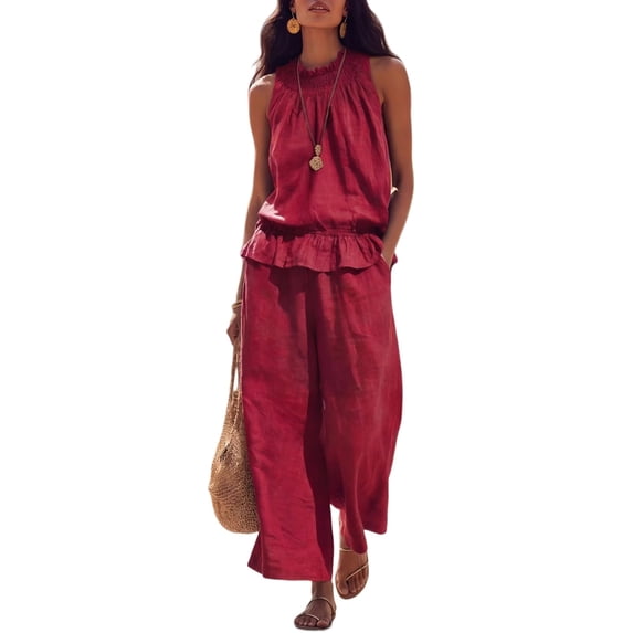 Women'S Linen 2 Piece Outfits Sleeveless Ruffle Top Wide Leg Pants Summer Loungewear Beach Sets XXL