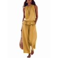 thumbnail image 1 of Women'S Linen 2 Piece Outfits Sleeveless Ruffle Top Wide Leg Pants Summer Loungewear Beach Sets Yellow M, 1 of 8