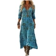 thumbnail image 1 of Women'S Linen Muslin Dress, Flowers, Maxi Dress, V-Neck, 3/4 Sleeves, Summer, Boho, Vintage Tunic, Beach Dress, Airy, A-Line, Soft Casual Dress, Colourful Festive Pockets, 1 of 4