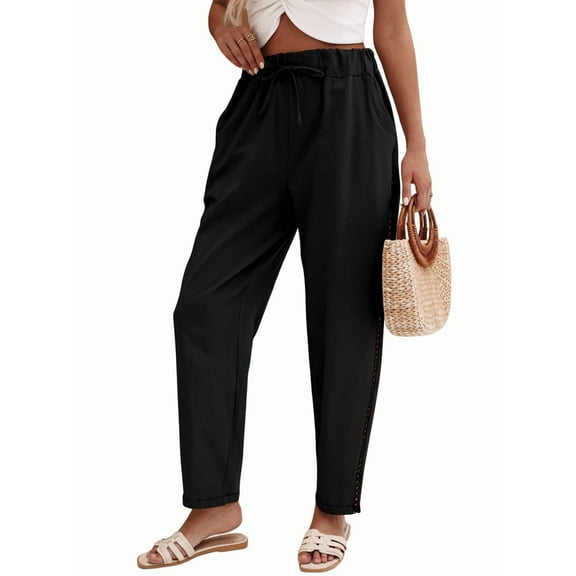 Women'S Linen Pants with Drawstring Petite Summer Beachwear Elastic Waist Pants