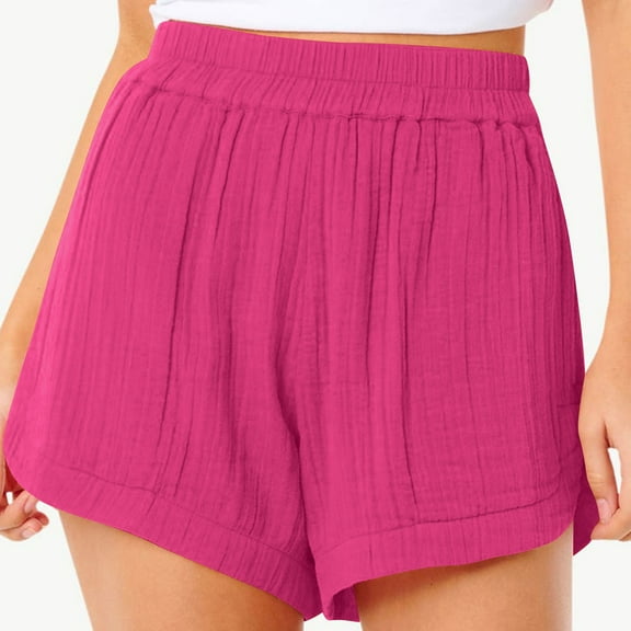Women'S Linen Shorts Casual Summer High Waisted Beach Shorts Lightweight Comfy Sweatpants Soft Outfits Pleated Pull On Loung Wear Light Breathable Bermuda Shorts with Pockets