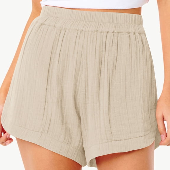 Women'S Linen Shorts Casual Summer High Waisted Beach Shorts Lightweight Comfy Sweatpants Soft Outfits Pleated Pull On Loung Wear Light Breathable Bermuda Shorts with Pockets