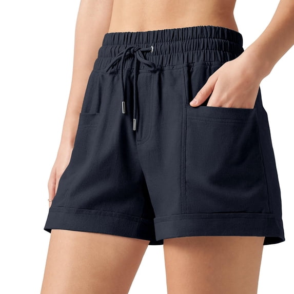 Women'S Linen Shorts Casual Summer Shorts High Waisted Comfy Pull on Shorts with Pockets Navy Blue S