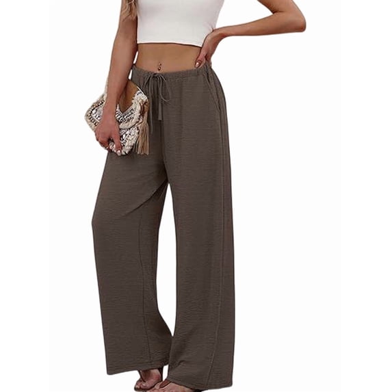 Women'S Linen Summer Palazzo Pants Flowy Wide Leg Beach Pants with Pockets Dark Brown L