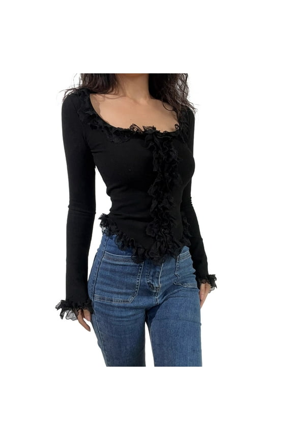 Women'S Long Bell Sleeve Button Down Ruffle Crop Shirt Top Blouses Black L