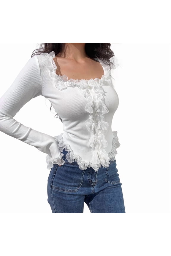 Women'S Long Bell Sleeve Button Down Ruffle Crop Shirt Top Blouses White S