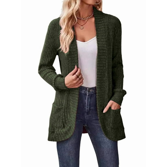 Women'S Long Cardigan, Autumn and Winter Long Sleeve Front Open Sweater with Pockets Olive Green M