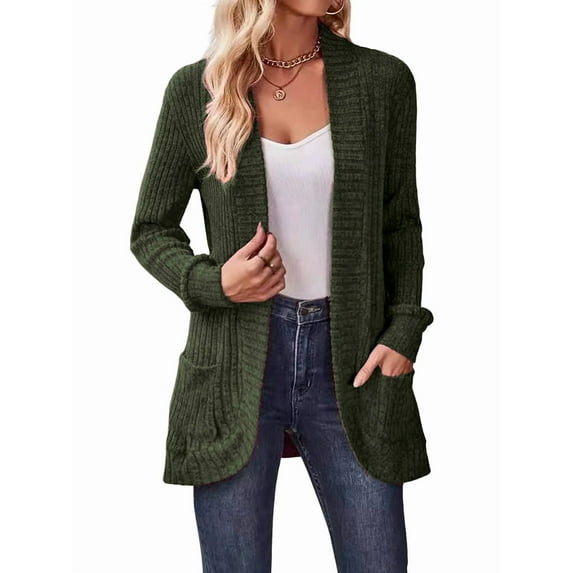 Women'S Long Cardigan, Autumn and Winter Long Sleeve Front Open Sweater with Pockets Olive Green XXL