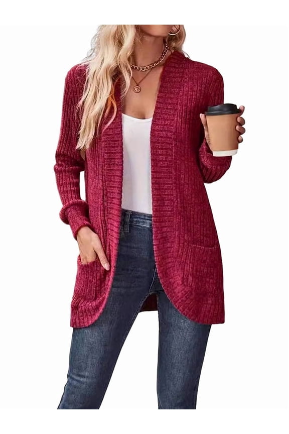 Women'S Long Cardigan, Autumn and Winter Long Sleeve Front Open Sweater with Pockets Wine Red L