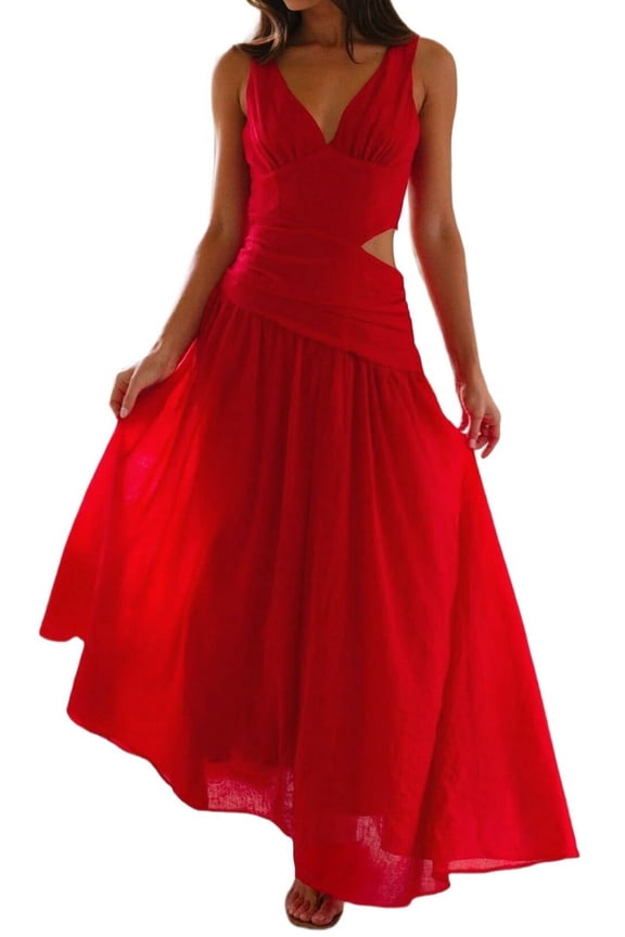 Women'S Long Drop Waist Ruched Summer Party Dress Flowy V Neck Cut Out Pleated Ladies Dresses Red M