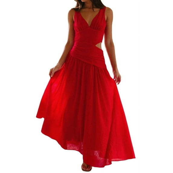 Women'S Long Drop Waist Ruched Summer Party Dress Flowy V Neck Cut Out Pleated Ladies Dresses Red XL