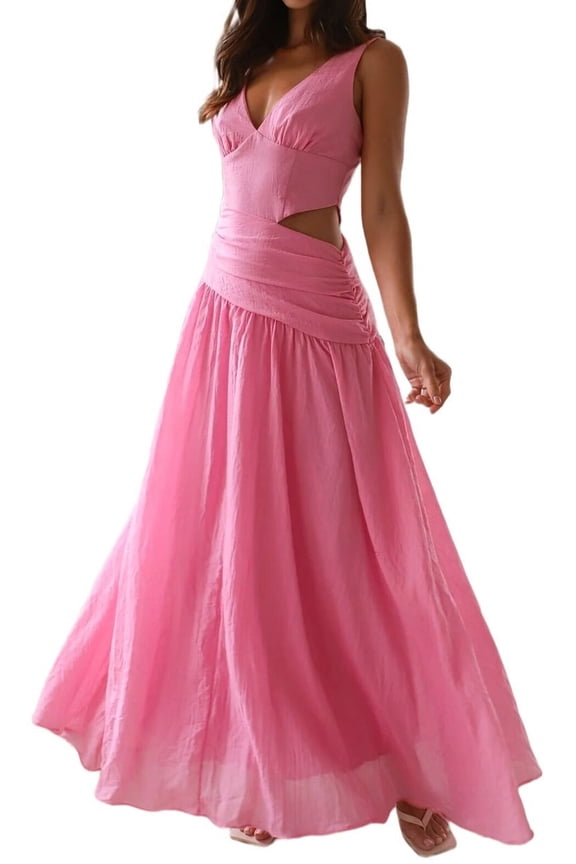 Women'S Long Drop Waist Ruched Summer Party Dress Flowy V Neck Cut Out Pleated Ladies Dresses Rose Red S