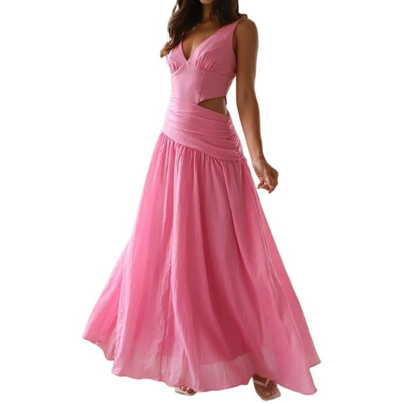 Women'S Long Drop Waist Ruched Summer Party Dress Flowy V Neck Cut Out Pleated Ladies Dresses Rose Red XL