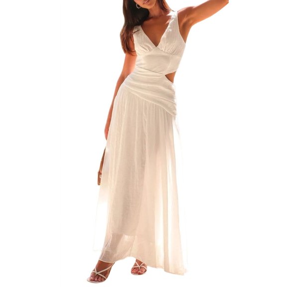 Women'S Long Drop Waist Ruched Summer Party Dress Flowy V Neck Cut Out Pleated Ladies Dresses White L
