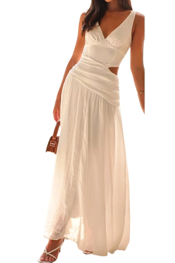 Women'S Long Drop Waist Ruched Summer Party Dress Flowy V Neck Cut Out Pleated Ladies Dresses White M