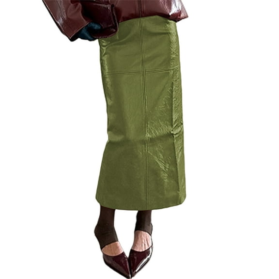 Women'S Long Elegant Glossy Faux Leather Slim Fit Skirt for Autumn and Winter Green L